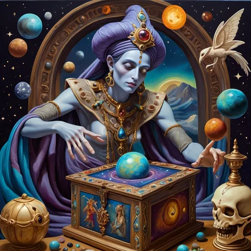 Prompt: (Renaissance oil painting), a stunning masterpiece capturing the essence of the Goddess Nuit, a whimsical Jack-in-the-Box emerging in ornate attire, sewing the seeds of the universe, planets swirling around, vibrant cosmic colors illuminating the canvas, intricate details, rich textures, playful yet profound ambiance, 4K ultra-detailed, an extraordinary blend of mythology and creativity celebrating the act of creation in a mystical setting.