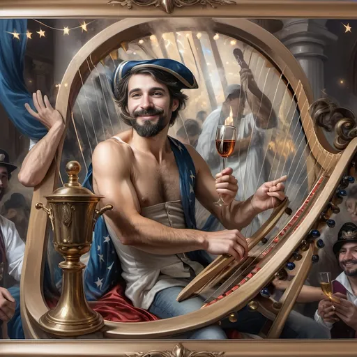 Prompt: (honoring Nuit) oil painting, (Ditlev Blunck style), neoclassical aesthetics, classical painting, flemish Baroque influence, a man with a beard holding a harp, a cup of wine, a golden cup beside him, capturing a mortal honoring the God Pan, rich colors, warm lighting, stunning detail, ethereal ambiance, 4K, ultra-detailed masterpiece, surrounded by a serene, heavenly setting.