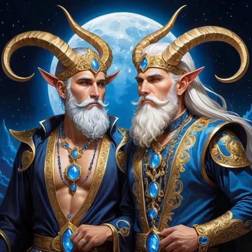 Prompt: (fantasy artwork) two men in ornate costumes with (bold horns), one with a (flowing white beard), the other adorned with a (blue and gold necklace), (intricate designs) illuminated by a luminous moon in the background, rich details and vibrant colors, (dynamic lighting), perfect for an album cover, (highly detailed) and visually captivating, in the style of Anne Stokes.