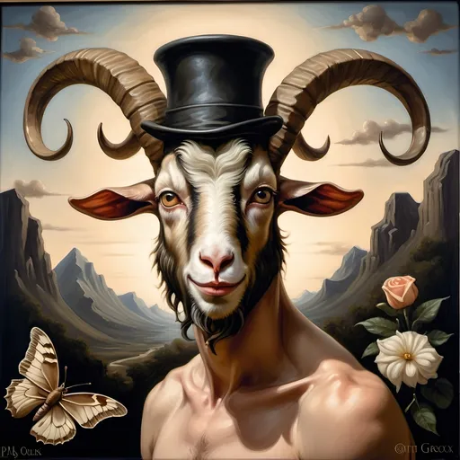 Prompt: A Seven Wonders Art Glass Studio oil masterpiece painting of a goat with a top hat and flowers on its head and a butterfly honoring Nuit.  Commissioned Spring Equinox 1467 Renaissance pop surrealism, pj crook, a detailed painting