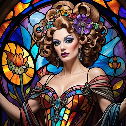 Prompt: Still life portrait, (stained glass design), (artistic drag queen), (Art Nouveau style), highly detailed, brilliant colors, psychedelic patterns, dynamic shapes, luminous glow, intricate glasswork, vibrant hues, soft lighting, elegant composition, captivating ambiance, celebrating craftsmanship and artistry, 4K, ultra-detailed, artistic masterpiece and visual marvel.