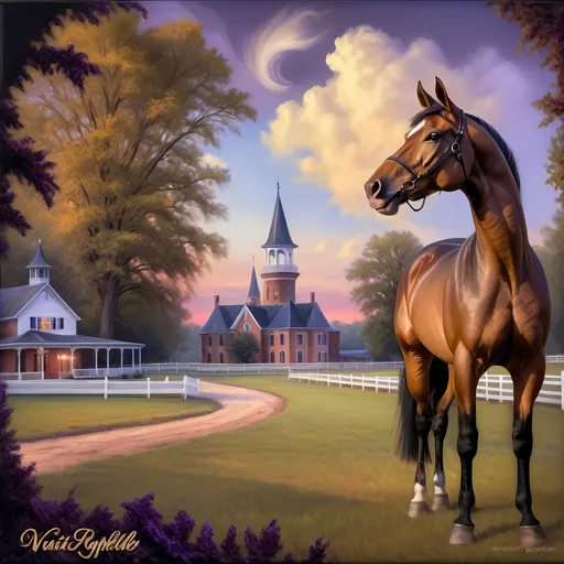 Prompt: (Honoring Nuit), highly detailed oil painting of a thoroughbred horse, Kentucky farm setting, (brilliantly captured) evening dusk, warm golds and deep purples in the sky, lush green pastures, soft shadows across the landscape, tranquil atmosphere, vibrant colors, delicate brushstrokes enhancing the horse's muscular form, realistic texture of the horse's mane, 4K resolution, captivating and serene ambiance.