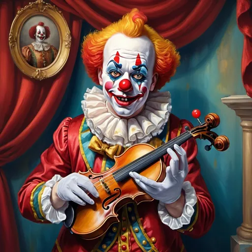 Prompt: a painting of a clown with a gold violin and a ball in front of him, with a red clown's face painted on it, magical ambiance, friendly, highly detailed digital painting, an ultrafine detailed painting.  Add Renaissance background.