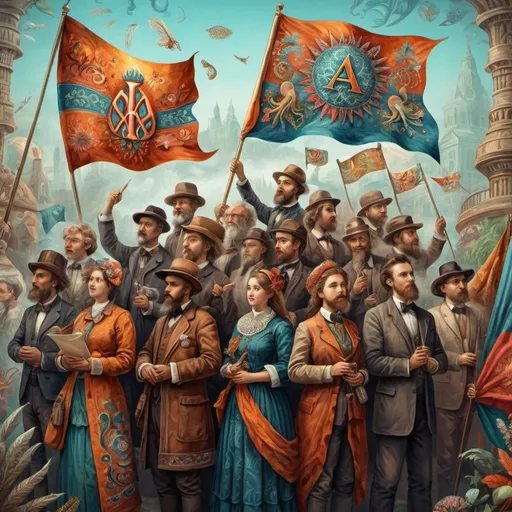 Prompt: (digital painting), (fine art), highly detailed, a vibrant group of people, holding a prominently displayed flag, decorated with the letter 'A', inspired by Ernst Haeckel’s unique style, folk art elements, intricate patterns, and natural forms, harmonious color palette, dynamic composition, celebrating unity and artistry, (4K) quality, rich textures, captivating ambiance.