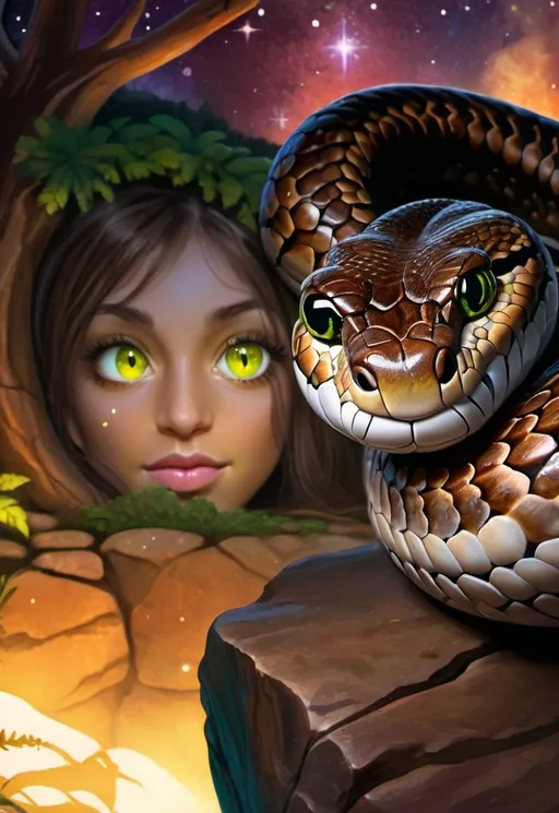 Prompt: (cobra curled up on a rock), (highly detailed digital painting), enchanting forest backdrop, shimmering stars in the night sky, rugged tree trunk nearby, vivid colors with deep greens and rich browns, mystical ambiance, (intricate textures), capturing the essence of nature's beauty, character portrait style, ultra-detailed, immersive lighting, serene yet captivating atmosphere. 