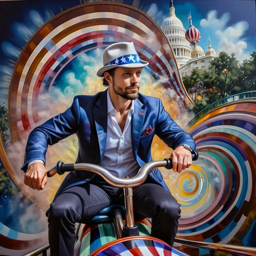 Prompt: A Seven Wonders Art Glass Studio masterpiece painting of a man in a patriotic hat riding Freedom rollercoaster in D. C.’s new amusement park named Freedom Park.  Honoring Nuit.