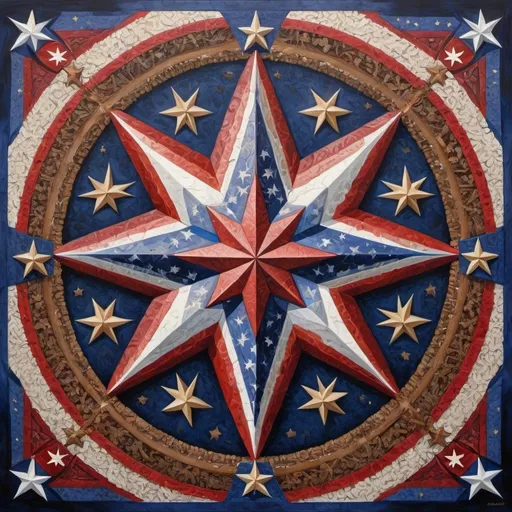 Prompt: (detailed painting), (symbolic star), vibrant colors of the United States, intricate symbols representing America, rich textures, depth in colors, blend of traditional and modern regionalism themes, expressing unity and diversity, profound visual storytelling, captures the essence of American identity, ultra-detailed, a masterpiece celebrating the spirit of the nation.