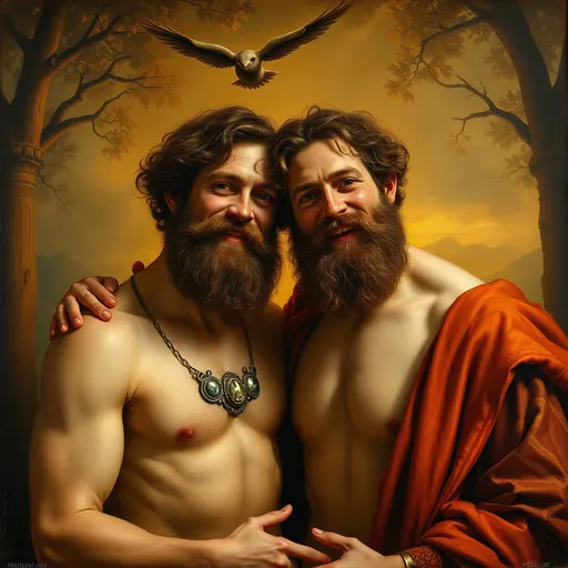 Prompt: (Renaissance Era oil painting), portrait of two male husbands, bearded, with chest hair, celebrating wedding anniversary, honoring Nuit, (esoteric mythical scenery), mystical atmosphere, mysterious background of Arcadia, warm golden hues with soft, natural lighting, rich textures of canvas, detailed expressions of joy and intimacy, commissioned artwork themed around Fall Equinox 1612, (ultra-detailed, high quality).