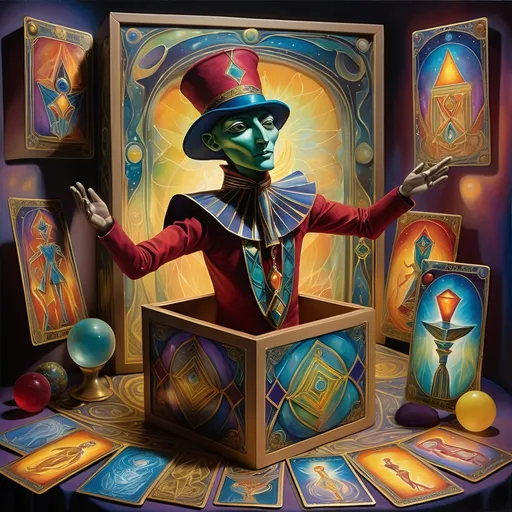 Prompt: A 7 Wonders Art Glass Studio painting of a puppet in a box (Jack-in-the-Box) surrounded by Thoth Taro cards (Honoring Nuit) and a mirror with a face on it and esoteric magic in the background