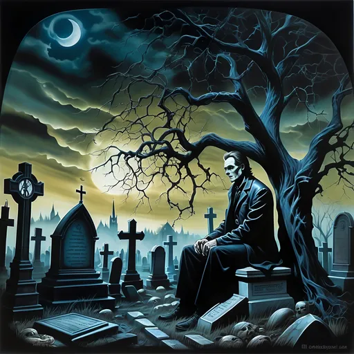 Prompt: A Seven Wonders Art Glass masterpiece painting honoring Nuit.  a man sitting on a grave in front of a graveyard with a tree and a church in the background, Dirk Crabeth, gothic art, western comic book art, a matte painting