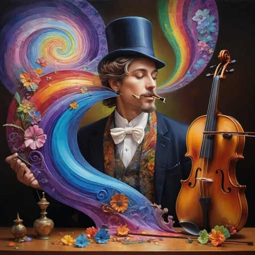 Prompt: art nouveau style, (vibrant colors), painting of a man playing violin, intricate items surrounding him, complex rainbow swirl background, (emotion of harmony and creativity), surreal depiction of sound waves as colors, rhythmic patterns, expressive facial features, ethereal ambiance, whimsical elements, (HD), highly detailed masterpiece.