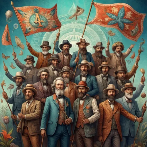 Prompt: (digital painting), (fine art), highly detailed, a vibrant group of people, holding a prominently displayed flag, decorated with the letter 'A', inspired by Ernst Haeckel’s unique style, folk art elements, intricate patterns, and natural forms, harmonious color palette, dynamic composition, celebrating unity and artistry, (4K) quality, rich textures, captivating ambiance.