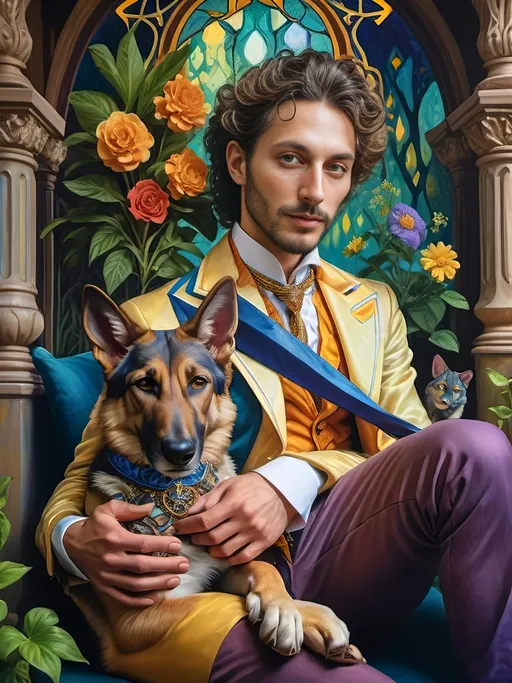 Prompt: A Seven Wonders Art Glass Studio Magician in top hat and tux sitting on magical front porch with his Long Coat German Shepherd’s head in his lap.  Honoring Nuit and the Trinity.  Modern renaissance with a vibrant psychedelic flair.