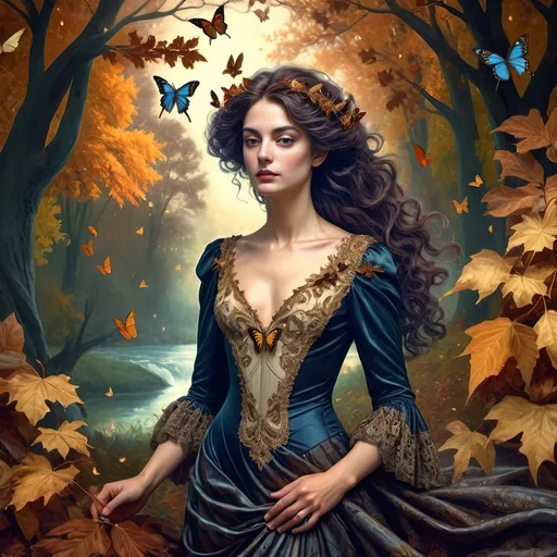 Prompt: (Honoring Nuit, Autumn Equinox), (Renaissance style), woman depicted as nature, flowing dress, butterfly in hair, rich and dark color palette, lush foliage backdrop, mood of serenity and mystery, intricate details in hair and dress, soft chiaroscuro lighting, evocative atmosphere, ultra-detailed, masterful composition, capturing the essence of autumn transition.