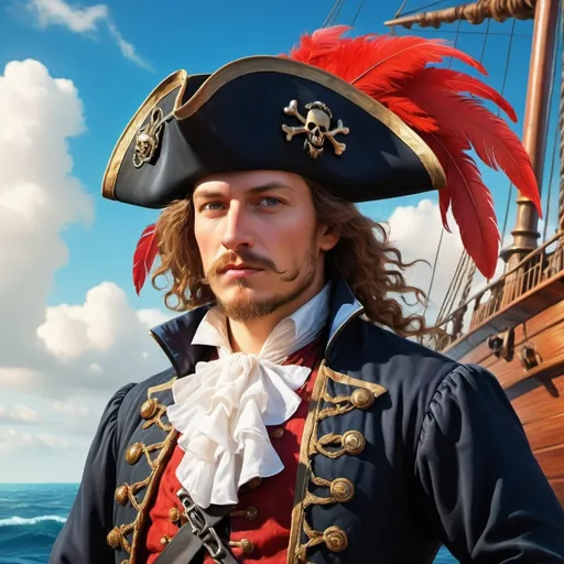 Prompt: (renaissance style), man in a pirate costume, Edward Clark, standing in front of a majestic ship, adorned with a striking red feather on his hat, (vibrant color scheme), highly detailed digital painting, (fantasy art), character portrait, dramatic blue skies, ocean waves lapping against the ship’s hull, rich textures and colors for a captivating atmosphere, (ultra-detailed), dynamic lighting effect.