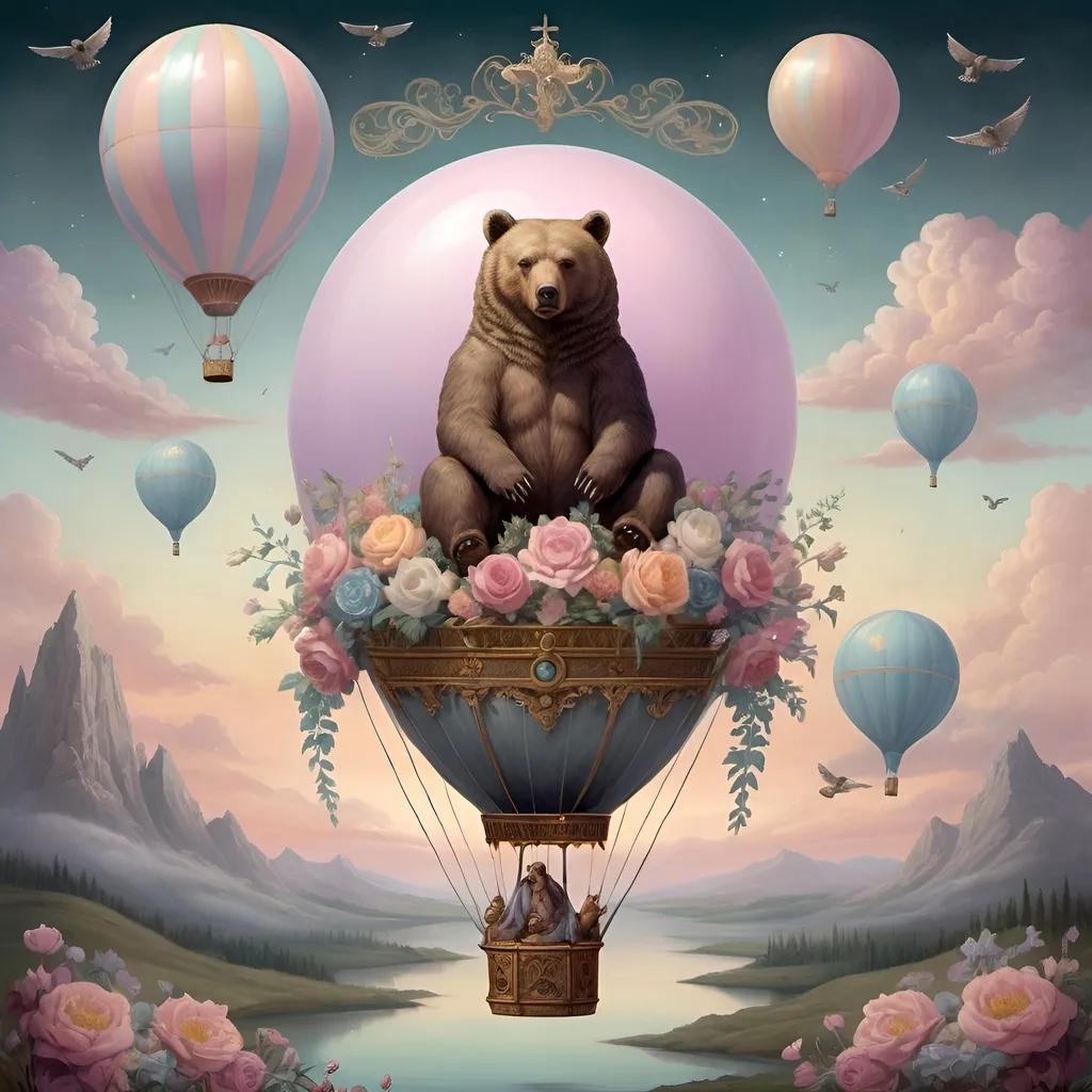 Prompt: (Renaissance style) beautiful depiction of courage represented as a bear floating on a balloon, adorned with (pastel colors), ethereal atmosphere, soft lighting, dreamy skies, intricate details, symbols of Thelemic deities Nuit, Hadit, and Horus subtly intertwined, evocative mood of mysticism and enlightenment,   surreal landscape background, blooming flowers, magical haze, high-quality, vivid composition.