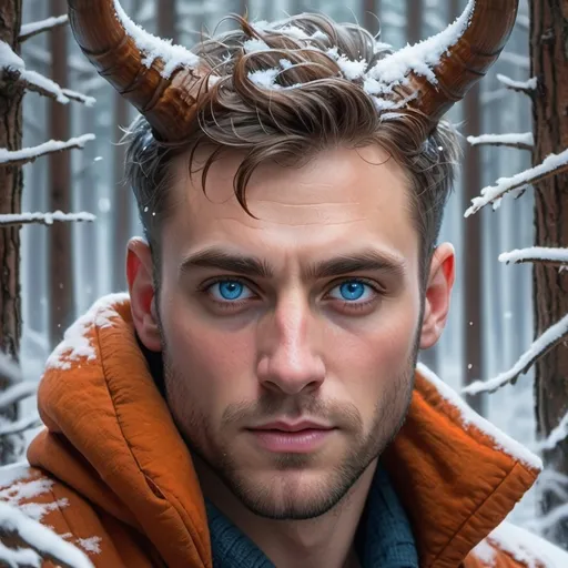 Prompt: (horns), (blue eyes), man in a snowy forest, fir trees in the background, delicate snowflakes on his face, captivating expression, epic fantasy character art, high detail, vibrant winter colors, enchanting atmosphere, fantasy vibe, mystical energy, (character portrait), ultra-detailed, cinematic quality, perfect for imaginative artistry.