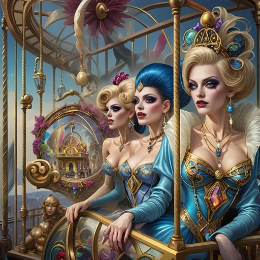 Prompt: (A Seven Wonders Art Glass Studio oil masterpiece) Art Deco style, vibrant color scheme, a lively group of drag queens in extravagant clothing, ascending a fantastical roller coaster in Liberty Park, joyful expressions, others on a colorful Ferris wheel, overlooking local attractions, honoring Nuit, dynamic composition, rich details, luxurious textures, atmospheric vibrant lighting, ultra-detailed, celebratory ambiance.