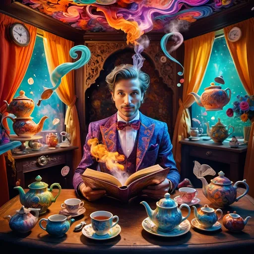 Prompt: (psychedelic still life portrait), vibrant colors, (magician jack-in-the-box man), whimsical tea party ambience, enchanting teapots, magical items animated around him, open book in front, dreamy and surreal atmosphere, intricate details, flowing patterns, mesmerizing depth, an explosion of colors, high-definition masterpiece, captivating and playful vibe.