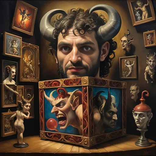 Prompt: (7 Wonders Art Glass Studio), (oil painting), demons as jack-in-the-boxes, circus setting, (highly detailed), (ultra-fine details), esoteric ambiance, dark and mysterious atmosphere, surreal colors, intricate textures, curiosity sparks, vivid contrasting shadows, ethereal lighting, artistically whimsical exhibits, hauntingly beautiful, capturing the essence of Nuit.