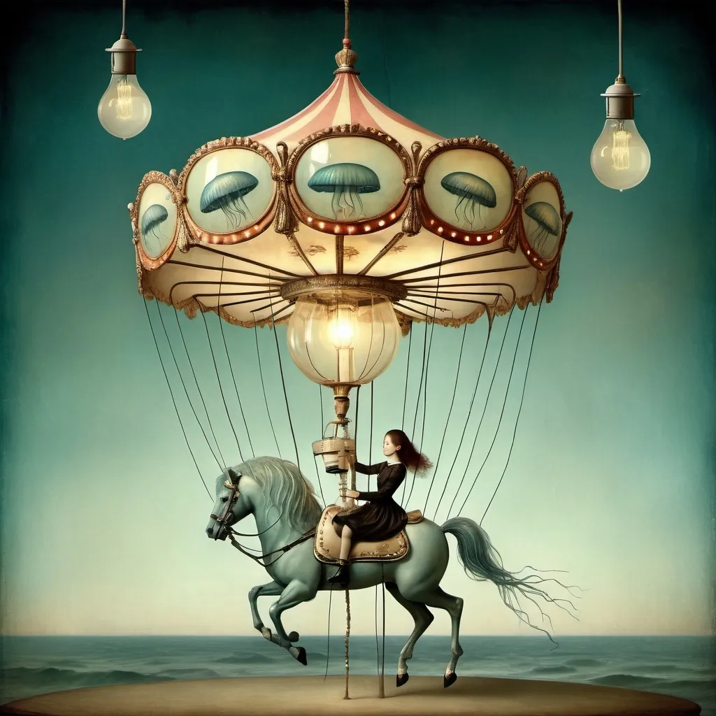 Prompt: a carousel with a jellyfish on it's side and a light bulb hanging from the top of it, Catrin Welz-Stein, magical realism, whimsical, a surrealist sculpture