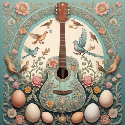 Prompt: (artstyle-renaissance) poster design, (pastel color scheme), centerpiece guitar, surrounded by decorative elements, exquisite eggs, (delicate birds), vibrant flowers, inspired by Ernst Haeckel, rich folk art details, (elaborate) design touches, influences of Flemish Baroque, (elegant composition), soft lighting, (ethereal vibe), ultra-detailed, high quality