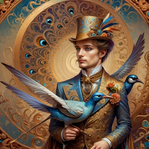 Prompt: a painting of a colorful bird with a circular background and a gold ring around it's neck and a blue eye, Android Jones, psychedelic art, highly detailed digital painting, a detailed painting