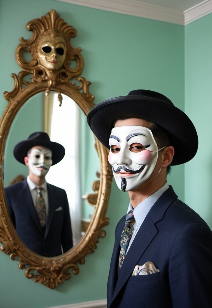 Prompt: a man with a mask on his face and a hat on his head, standing in a room with a mirror, Dave Arredondo, kitsch movement, david lazar, a portrait