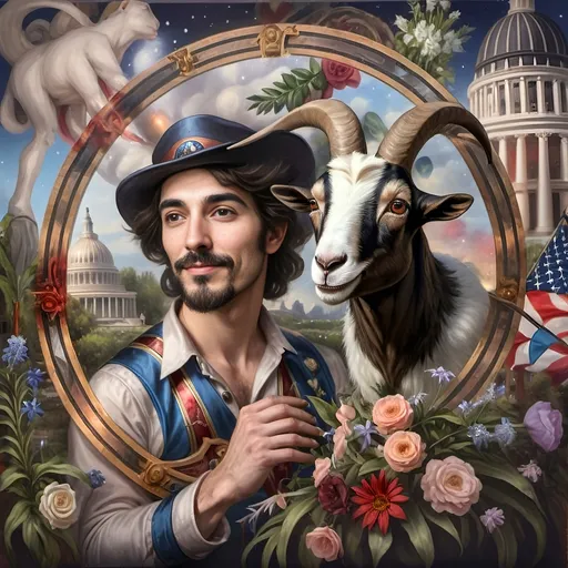 Prompt: A Seven Wonders Art Glass Studio renaissance oil on canvas painting of a man with a goat's head in a circle surrounded by flowers and plants.  Honoring Nuit Spring Equinox 1640