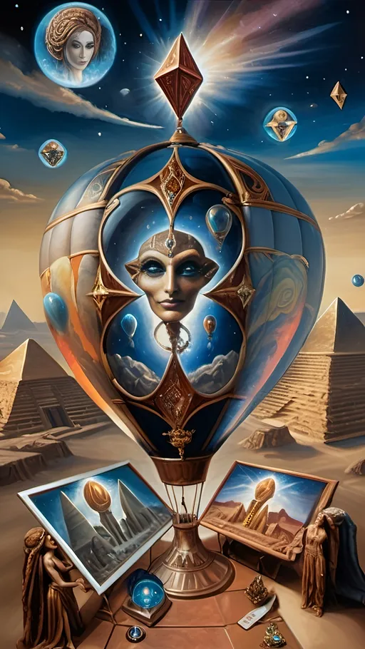 Prompt: masterpiece (oil painting), stunning hot air balloon labeled "7 Wonders Art Glass Studio", adorned with an intricate depiction of a snake, ethereal sky background filled with shimmering stars and planets, illuminating deities Nuit and Horus, soaring above the ancient Great Pyramids, symbolizing the wisdom of Thoth, vibrant colors, enchanting atmosphere, ultra-detailed, high quality.