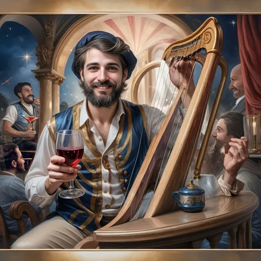 Prompt: (Seven Wonders Art Glass Studio), oil painting, (honoring Nuit), a man with a beard, holding a harp, glass of wine, golden cup beside him, (Ditlev Blunck), neoclassicism, classical painting, Flemish Baroque style, high detail, rich colors, warm glowing light, serene atmosphere, capturing tradition and reverence, elegant background with ethereal elements, ultra-detailed composition, masterful artistry.