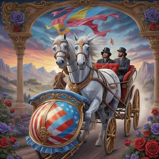 Prompt: a painting of a horse pulling a carriage with a man on it's back and a flag on the back, Anne Stokes, psychedelic art, highly detailed digital art, a detailed painting