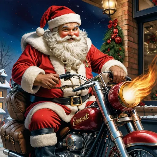 Prompt: a man dressed as santa claus riding a motorcycle with a flame in his hand and a helmet on his head, Ernest William Christmas, verdadism, foto realistic, an album cover