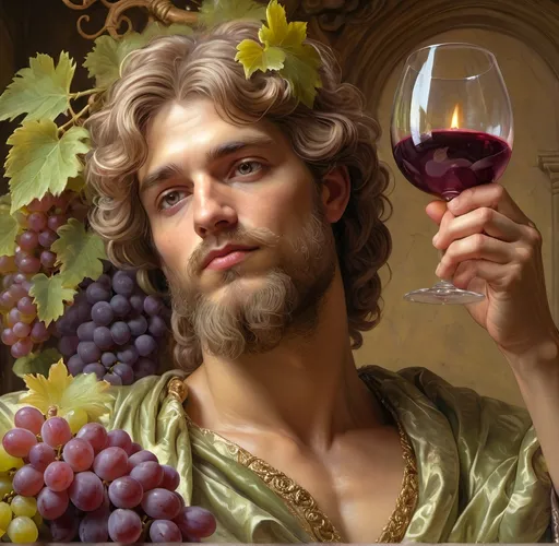 Prompt: (a highly detailed digital rendering), Bacchus as a man, holding a glass of wine and a candle, surrounded by lush grapes, (Renaissance style), soft pastel color scheme, elegant and intricate background, inspired by the works of Donato Giancola, (baroque ambiance), vibrant highlights and shadows, beautifully capturing a festive and joyous atmosphere, ultra-detailed, captivating composition.