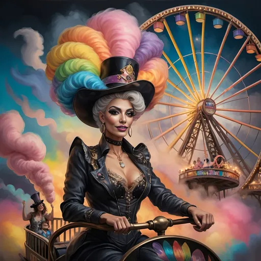 Prompt: (honoring nuit), a mesmerizing painting of colorful drag queens exuding joy and fabulousness while riding a roller coaster, vibrant (rainbow) painted on the side, a whimsical ferris wheel creating a festive atmosphere in the background, whimsical cotton candy clouds, (dynamic movement), warm pastel colors enhancing the lively scene, ultra-detailed, high-quality artwork capturing a celebratory ambiance.