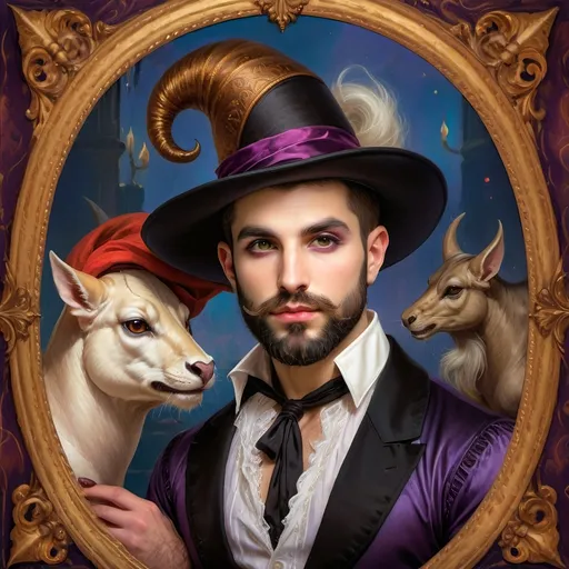 Prompt: (honoring Nuit), captivating handsome man magician with an elegant beard, wearing a pointed witch hat, (renaissance baroque painting style), facial features highlighted in detail, dark mystical background that enhances the allure, rich deep colors creating dramatic contrast, elements of Halloween celebration subtly interwoven, inviting an atmosphere of enchantment and mystery, ultra-detailed, a captivating masterpiece.