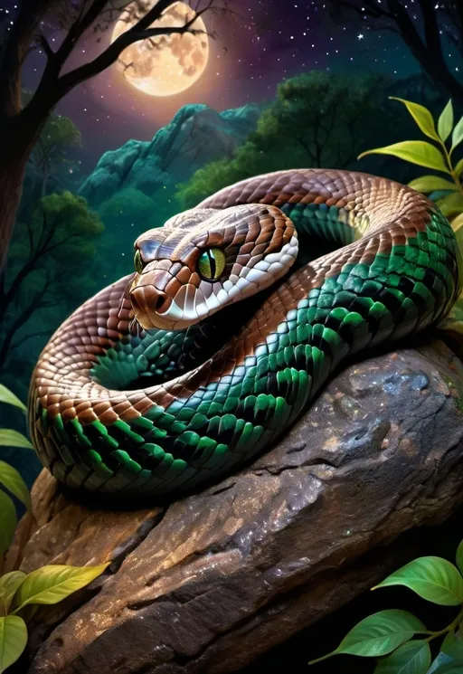 Prompt: (cobra curled up on a rock), (highly detailed digital painting), enchanting forest backdrop, shimmering stars in the night sky, rugged tree trunk nearby, vivid colors with deep greens and rich browns, mystical ambiance, (intricate textures), capturing the essence of nature's beauty, character portrait style, ultra-detailed, immersive lighting, serene yet captivating atmosphere. 