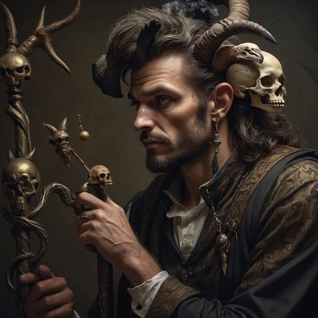 Prompt: (Renaissance still life), (man magician satyr), (dark color scheme), (elegant pose), (horns), holding a cane with skull orc, (crow perched on his shoulder), intricate details, moody ambiance, dim celestial lighting, rich textures, dramatic shadows, (stylized cane topped with a skull orb), ultra-detailed, high quality, evocative atmosphere.