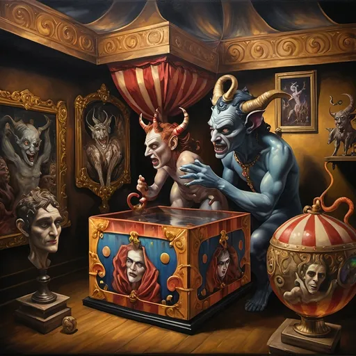 Prompt: (7 Wonders Art Glass Studio), (oil painting), demons as jack-in-the-boxes, circus setting, (highly detailed), (ultra-fine details), esoteric ambiance, dark and mysterious atmosphere, surreal colors, intricate textures, curiosity sparks, vivid contrasting shadows, ethereal lighting, artistically whimsical exhibits, hauntingly beautiful, capturing the essence of Nuit.