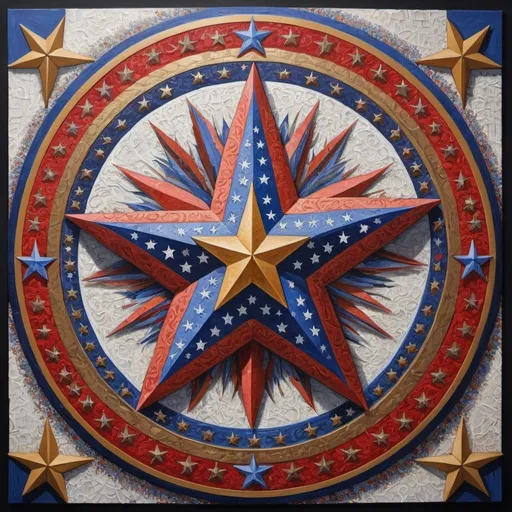 Prompt: (detailed painting), (symbolic star), vibrant colors of the United States, intricate symbols representing America, rich textures, depth in colors, blend of traditional and modern regionalism themes, expressing unity and diversity, profound visual storytelling, captures the essence of American identity, ultra-detailed, a masterpiece celebrating the spirit of the nation.