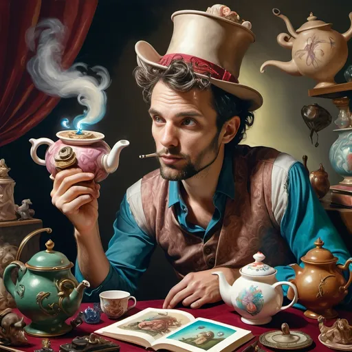 Prompt: (psychedelic still life portrait), a magician jack-in-the-box man, surrounded by (vibrant) teapots and enchanted magical items, items coming to life at a whimsical tea party, an open book exuding shimmering light in front of him, rich jewel tones, swirling patterns, otherworldly atmosphere, 4K, ultra-detailed, dreamlike ambiance.