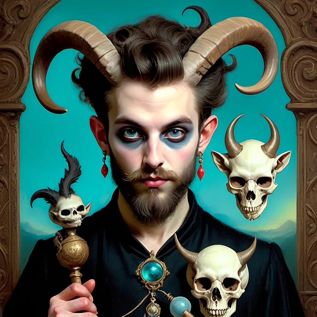 Prompt: pastel color scheme, a (man magician satyr) with (horns), holding a (skull) in one hand, a (crow perched on his shoulder), elegant pose, stylized cane topped with a (skull orb)