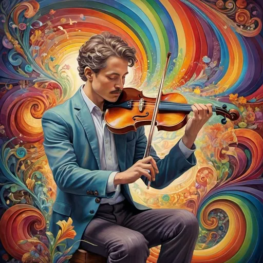 Prompt: art nouveau style, (vibrant colors), painting of a man playing violin, intricate items surrounding him, complex rainbow swirl background, (emotion of harmony and creativity), surreal depiction of sound waves as colors, rhythmic patterns, expressive facial features, ethereal ambiance, whimsical elements, (HD), highly detailed masterpiece.