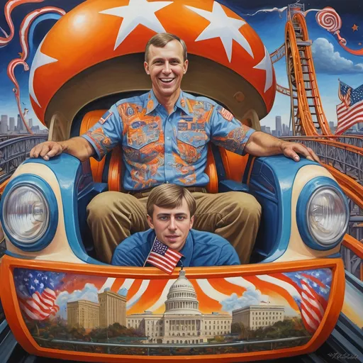 Prompt: (accurately spelled text "Yankee Doodler"), (psychedelic style), (vibrant color scheme), detailed painting, a Russian holding a Florida Orange symbolizing Republican endorsement of Russian authority and control over the U.S., in a thrilling roller coaster car, American flag dramatically waving, intricate Washington D.C. skyline in the background, surreal elements, dynamic perspective, bursting colors, high depth cinematic masterpiece.