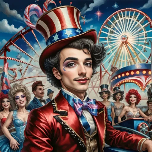 Prompt: (A magnificent oil masterpiece detailing) a group of vibrant drag queens, (spectacularly dressed) in fabulous clothing, joyfully riding the Nation’s New drag queen roller coaster in Liberty Park. In the background, (radiant) Ferris Wheel of Drag Queens looms, overlooking colorful local attractions under a (whimsical) nighttime sky, honoring the spirit of Nuit. (Ultra-detailed, vivid colors) bring this dynamic scene to life, celebrating pride and creativity.