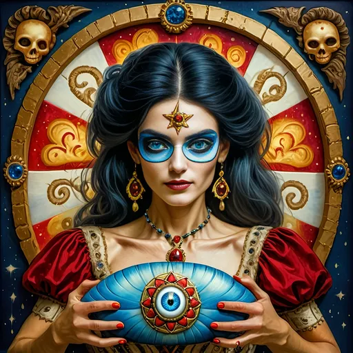 Prompt: (7 Wonders Art Glass Studio masterpiece), oil painting, (honoring Nuit), magical mushroom, (vibrant blue shell), (striking blue eye), Eye of Horus, rich textures, dreamy atmosphere, whimsical background, stars and cosmic elements, (ethereal lighting), enchanting details, high-quality, ultra-detailed composition, surreal and imaginative style.