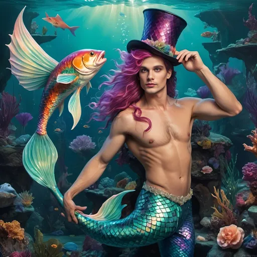 Prompt: a merman in a top hat and a mermaid tail is holding a fish in his hand and a hat is on his head, David LaChapelle, fantasy art, fantasy artwork, a character portrait