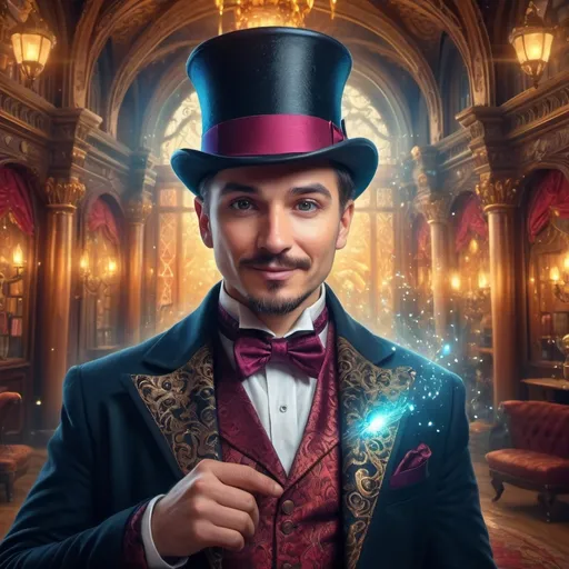 Prompt:  (magician with top hat), (magical ambiance), intricate details, cheerful expression, (ultra-fine detailed digital painting), vibrant colors, dramatic lighting, Renaissance background with ornate architecture, whimsical elements, captivating aura, enchanting atmosphere, showcasing magical effects and sparkles, (4K), enchanting scene, visually stunning masterpiece.