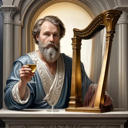 Prompt: (Seven Wonders Art Glass Studio), oil painting, (honoring Nuit), a man with a beard, holding a harp, glass of wine, golden cup beside him, (Ditlev Blunck), neoclassicism, classical painting, Flemish Baroque style, high detail, rich colors, warm glowing light, serene atmosphere, capturing tradition and reverence, elegant background with ethereal elements, ultra-detailed composition, masterful artistry.