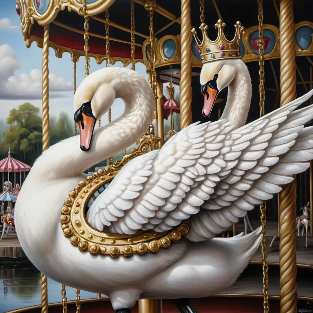 Prompt: a white swan on a carousel with a crown on its head and a gold chain around its neck and neck, Anne Stokes, pop surrealism, highly detailed oil painting, an ultrafine detailed painting